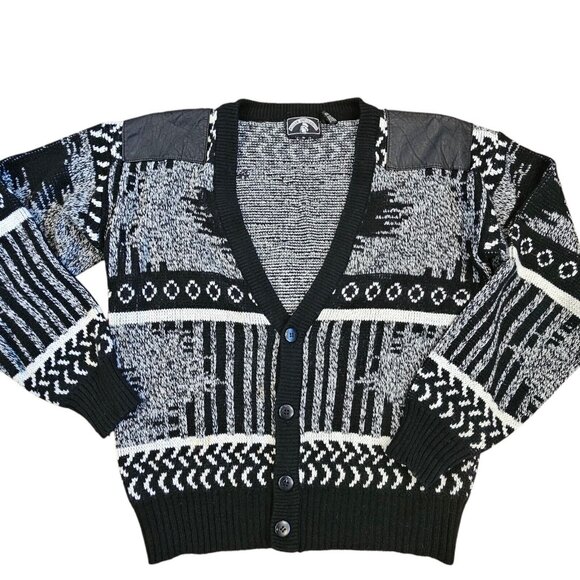 Vintage 80s Mens‎ Medium Grandpa Cardigan Geometric Black White Leather Patches - Picture 1 of 11